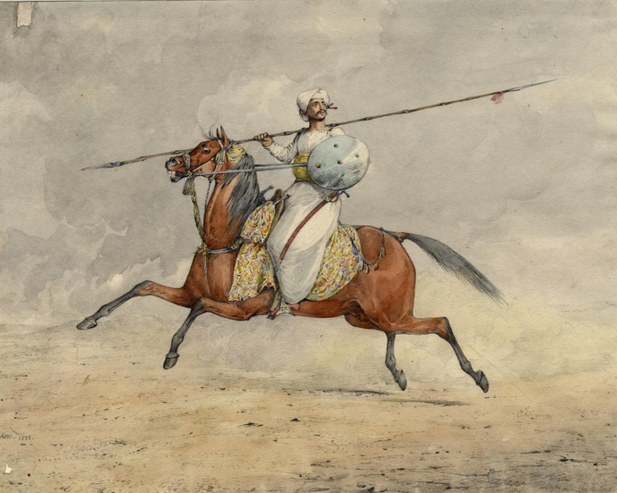 A maratha warrior on top of a horse riding into war