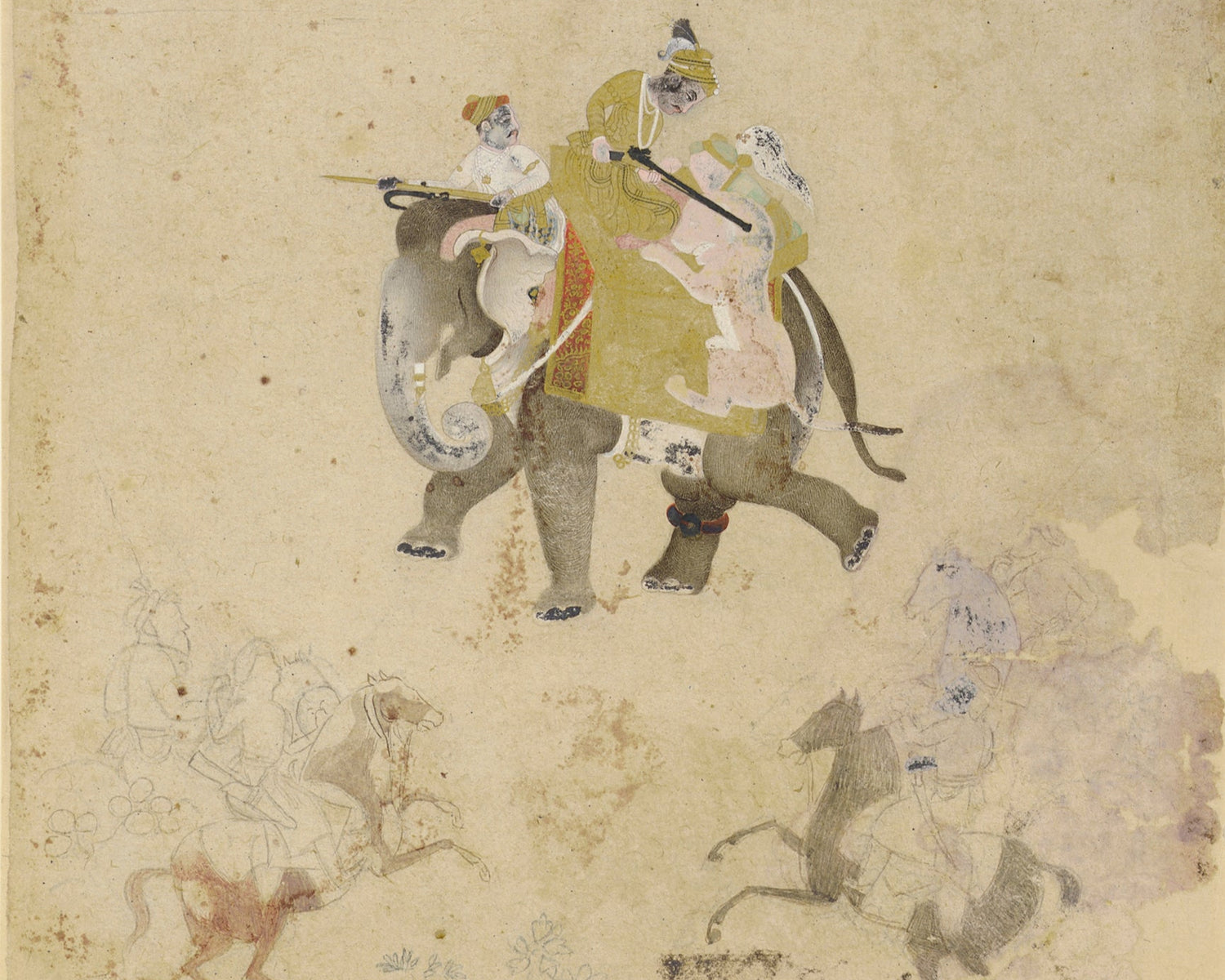Illustration of two figures on horseback with small figures below on a textured beige background