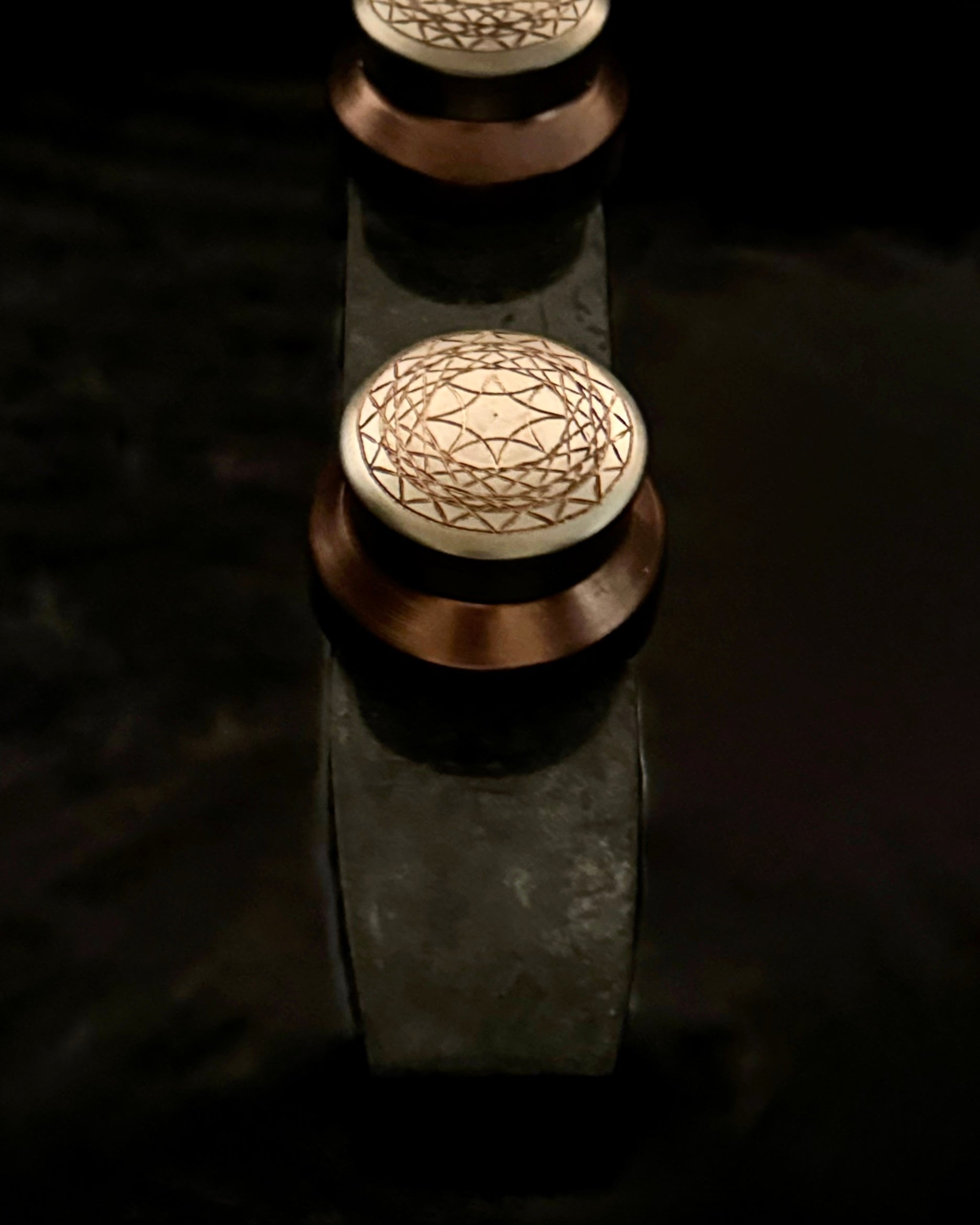 Prakasham vallam -Decorative copper with silver gilted lid and engraved patterns   on a green black marble alter piece
