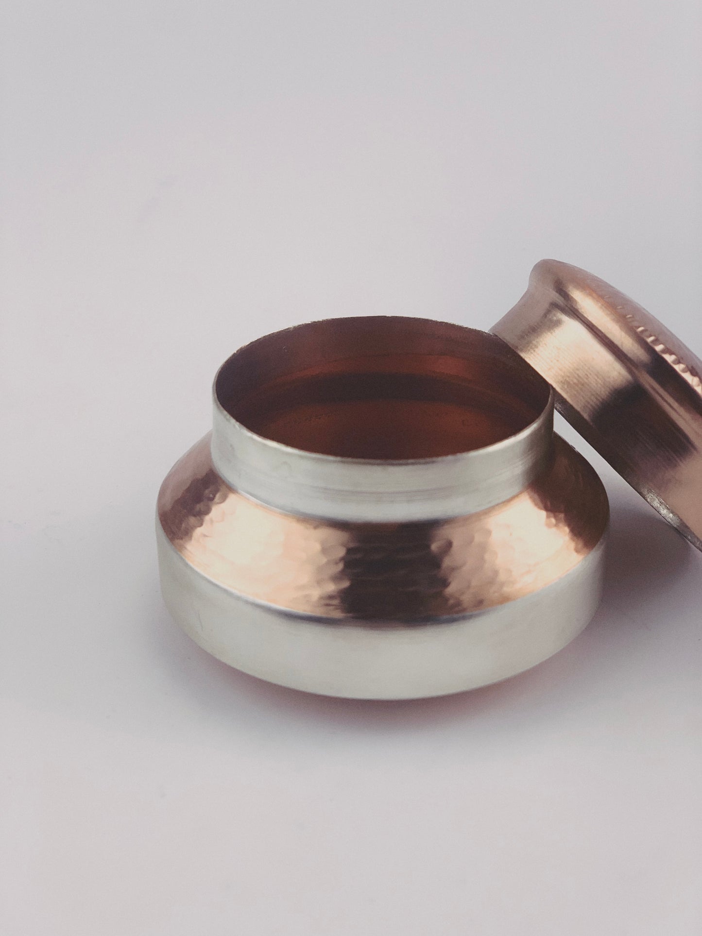 Stambha Ceremonial Box with alternate silver gilded and handbeaten copper bands