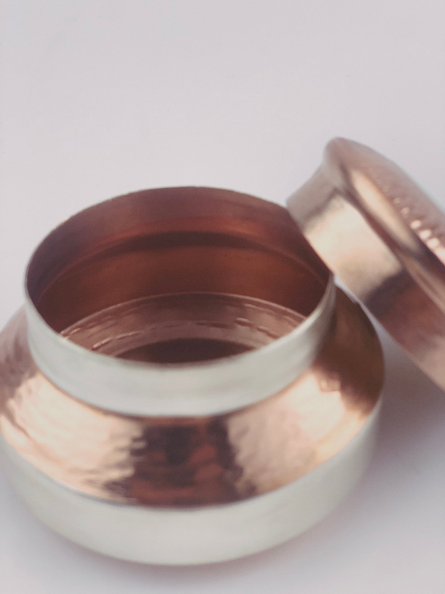 Stambha Ceremonial Box with alternate silver gilded and handbeaten copper bands